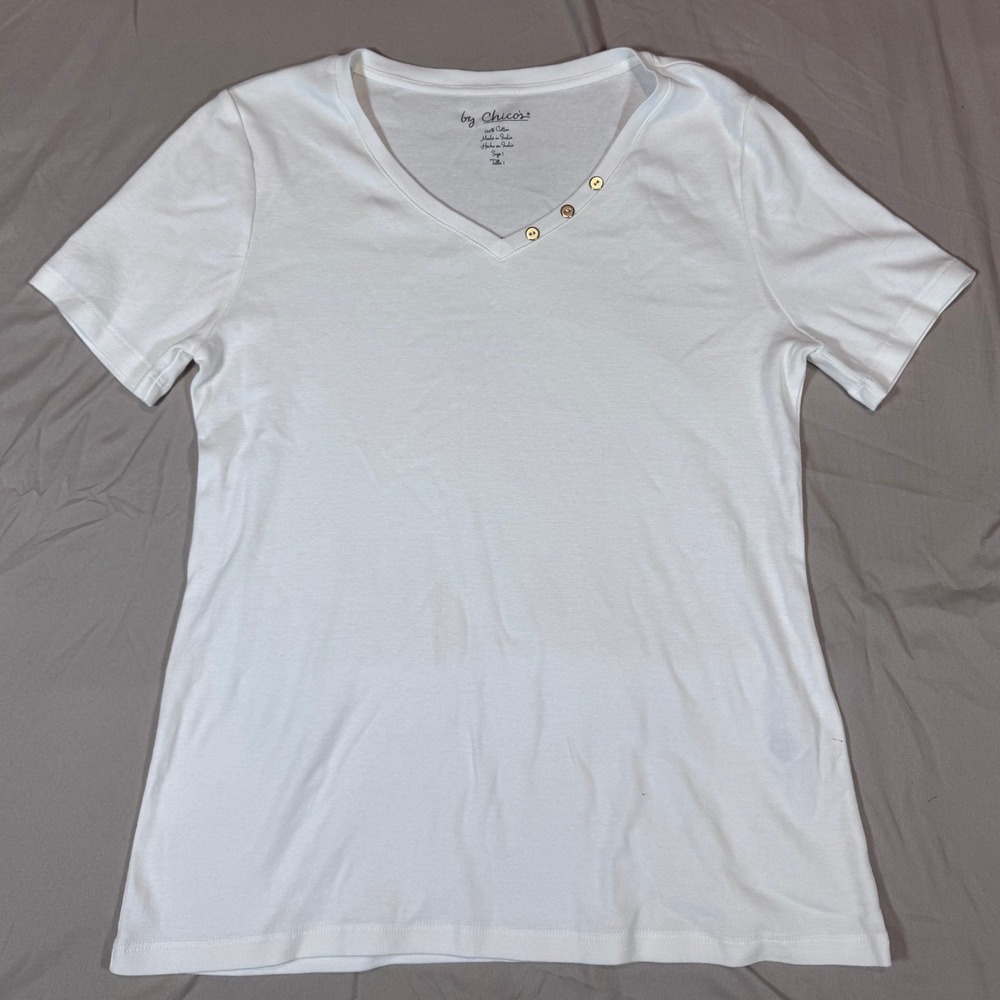 Chico's V-Neck Button Accent Top Size 1 White Short Sleeve Cotton Tee